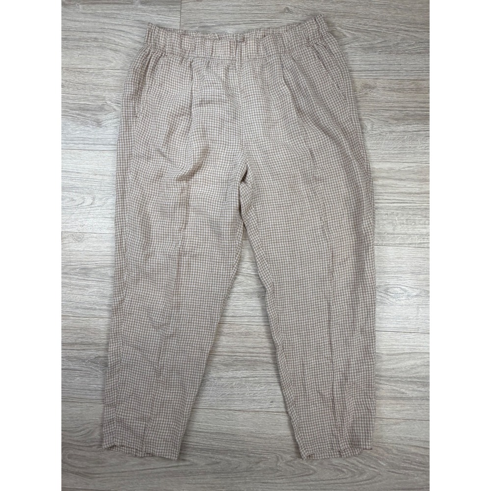 Eileen Fisher Petite Organic Linen Gingham Check Tapered Pants Tan White PL - Picture 1 of 6